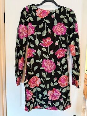 Black Floral Embroidered Long-Sleeve Dress - Pink Rose Print